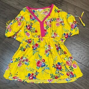 The Pioneer Woman Yellow‎ Floral Print Blouse Top Medium Tie Sleeve